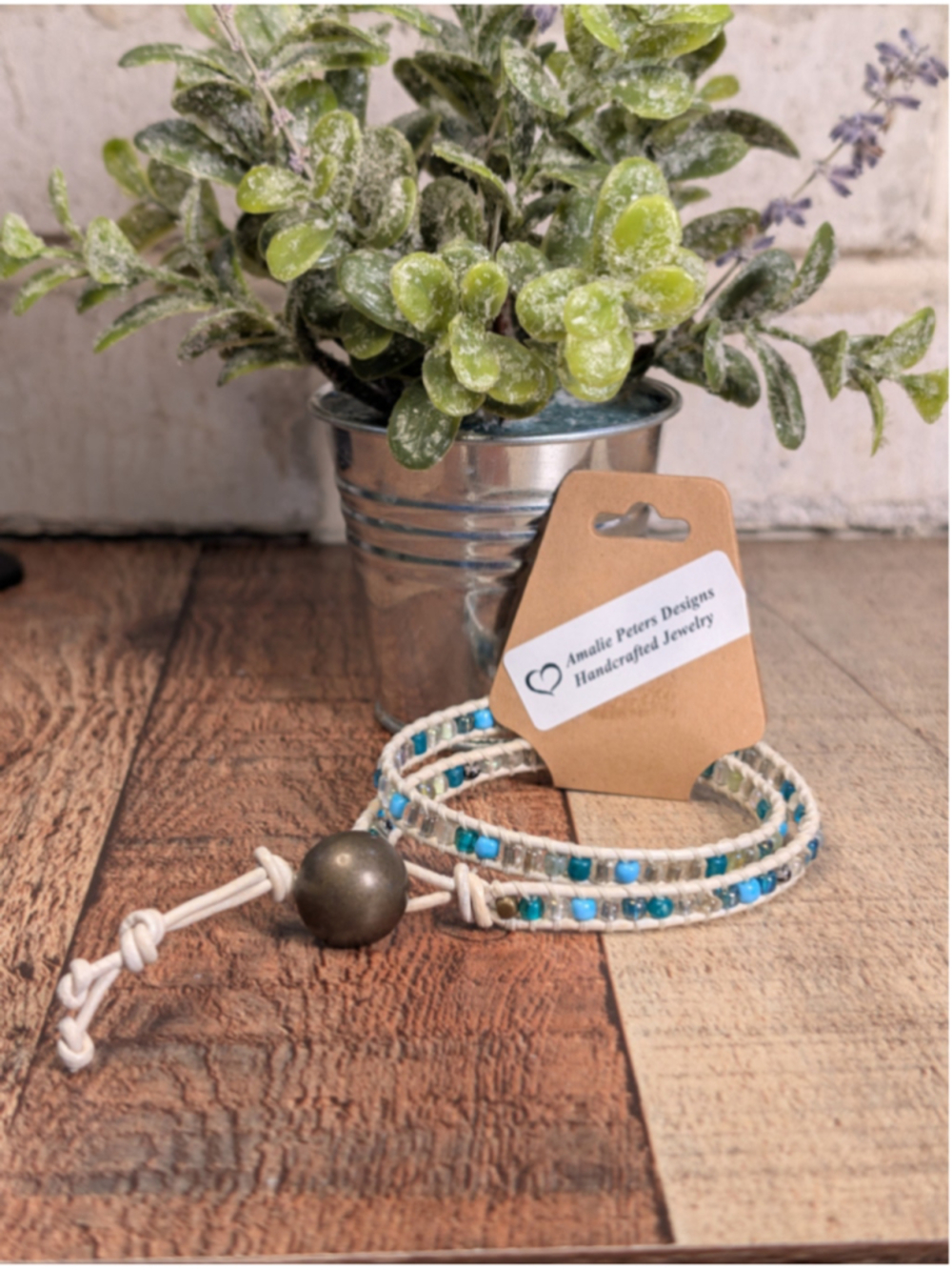 Handcrafted Boho Double Wrap Blue Beaded White Knotted Leather Button Bracelet L